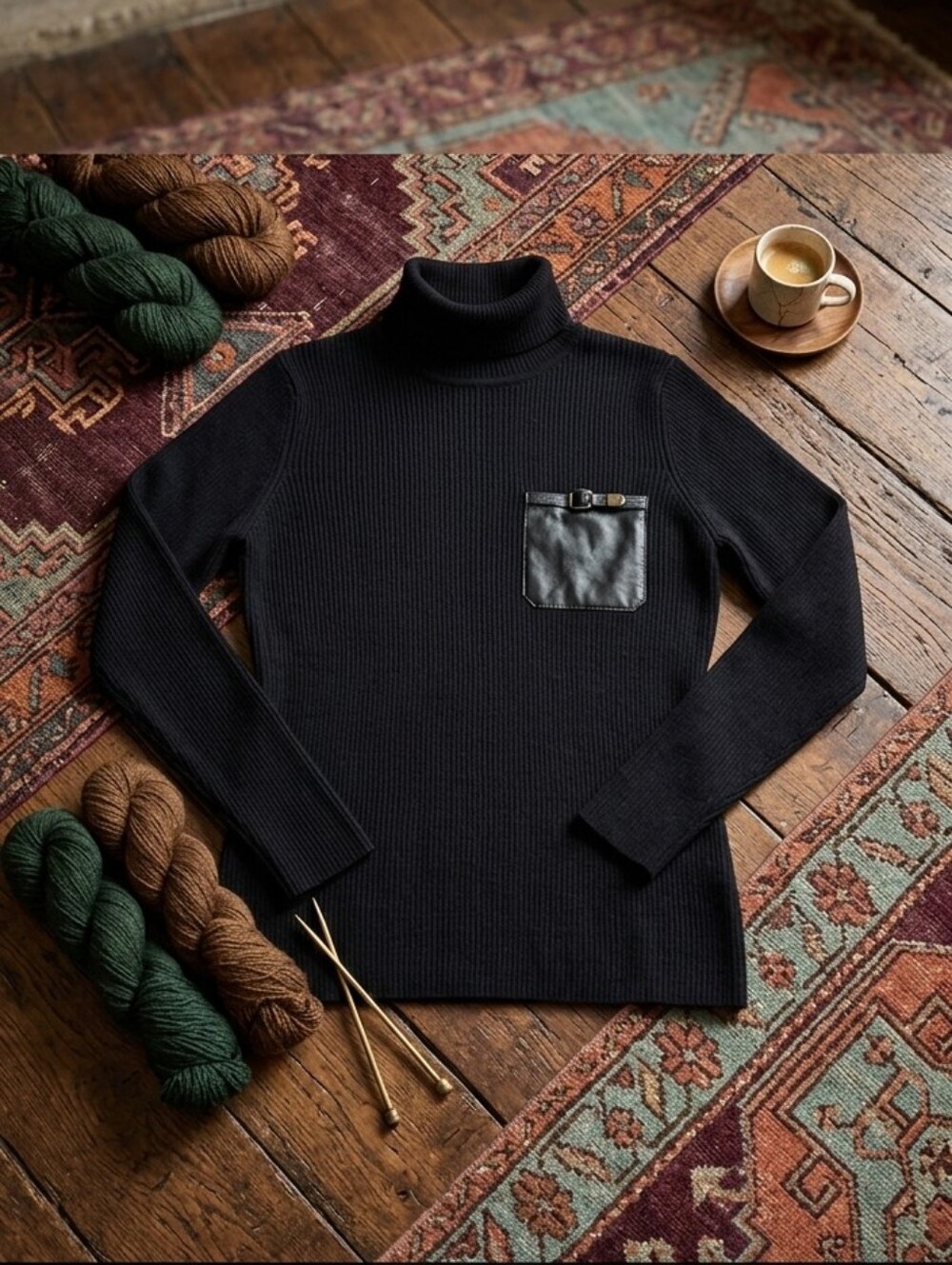 faux leather pocket sweater w/ gold buckle